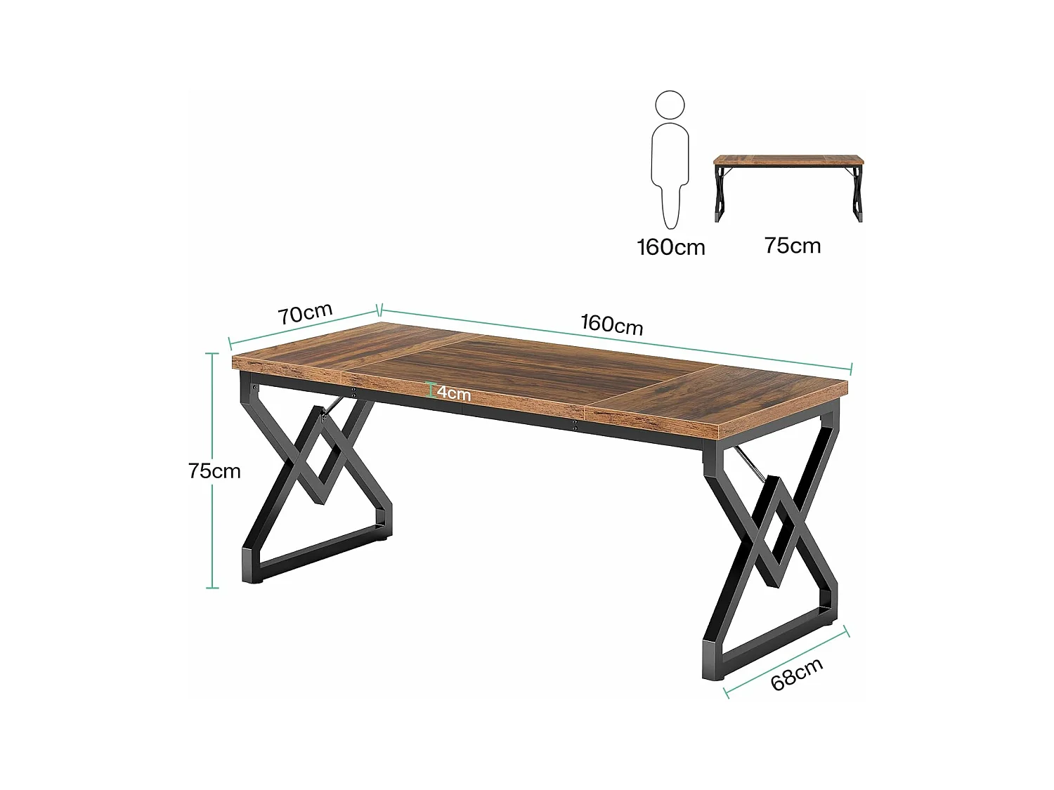Tavolo da ufficio grande per computer, postazione di lavoro, scrivania direzionale per ufficio domestico 160 x 70 x 75 cm