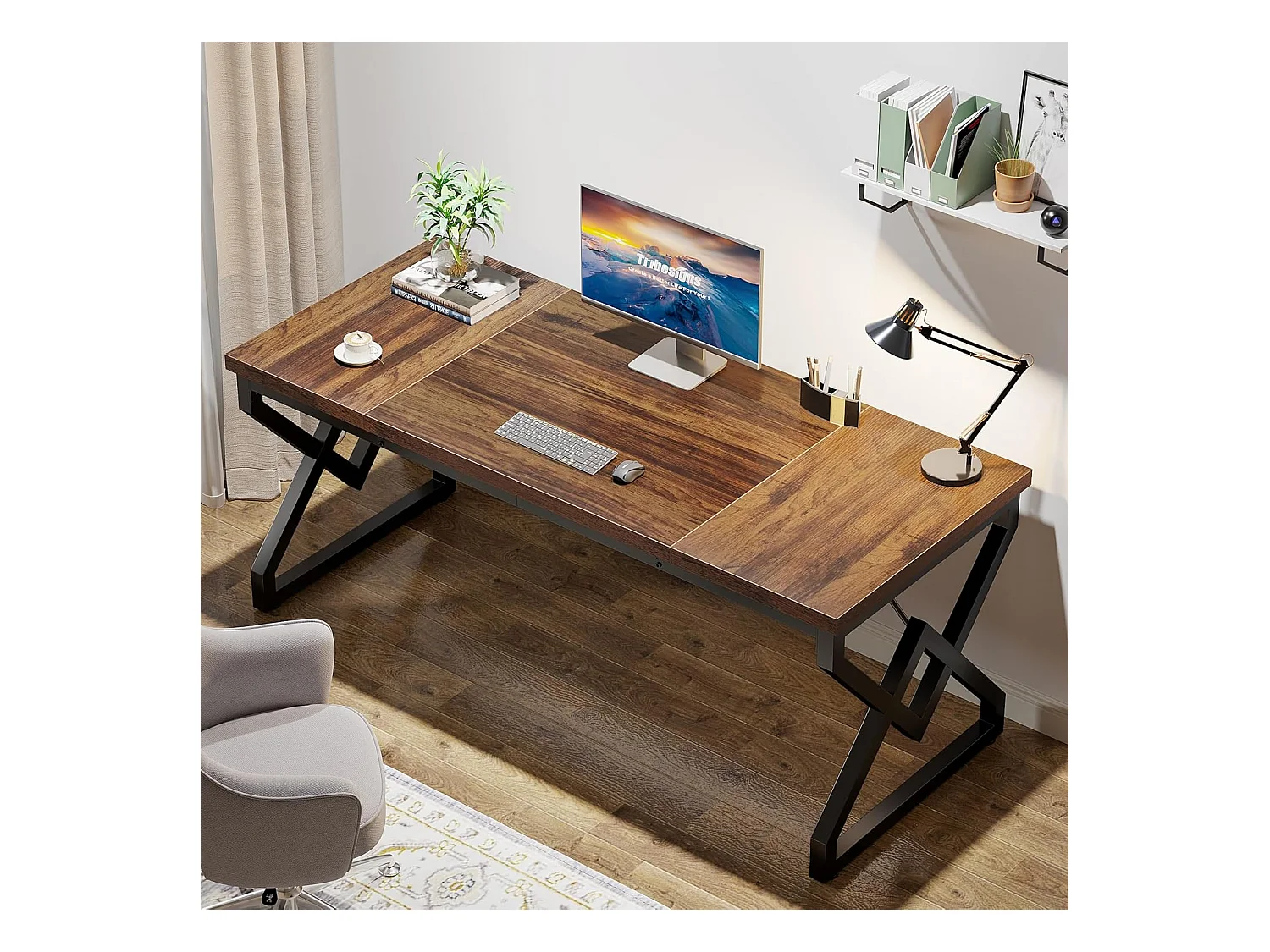 Tavolo da ufficio grande per computer, postazione di lavoro, scrivania direzionale per ufficio domestico 160 x 70 x 75 cm