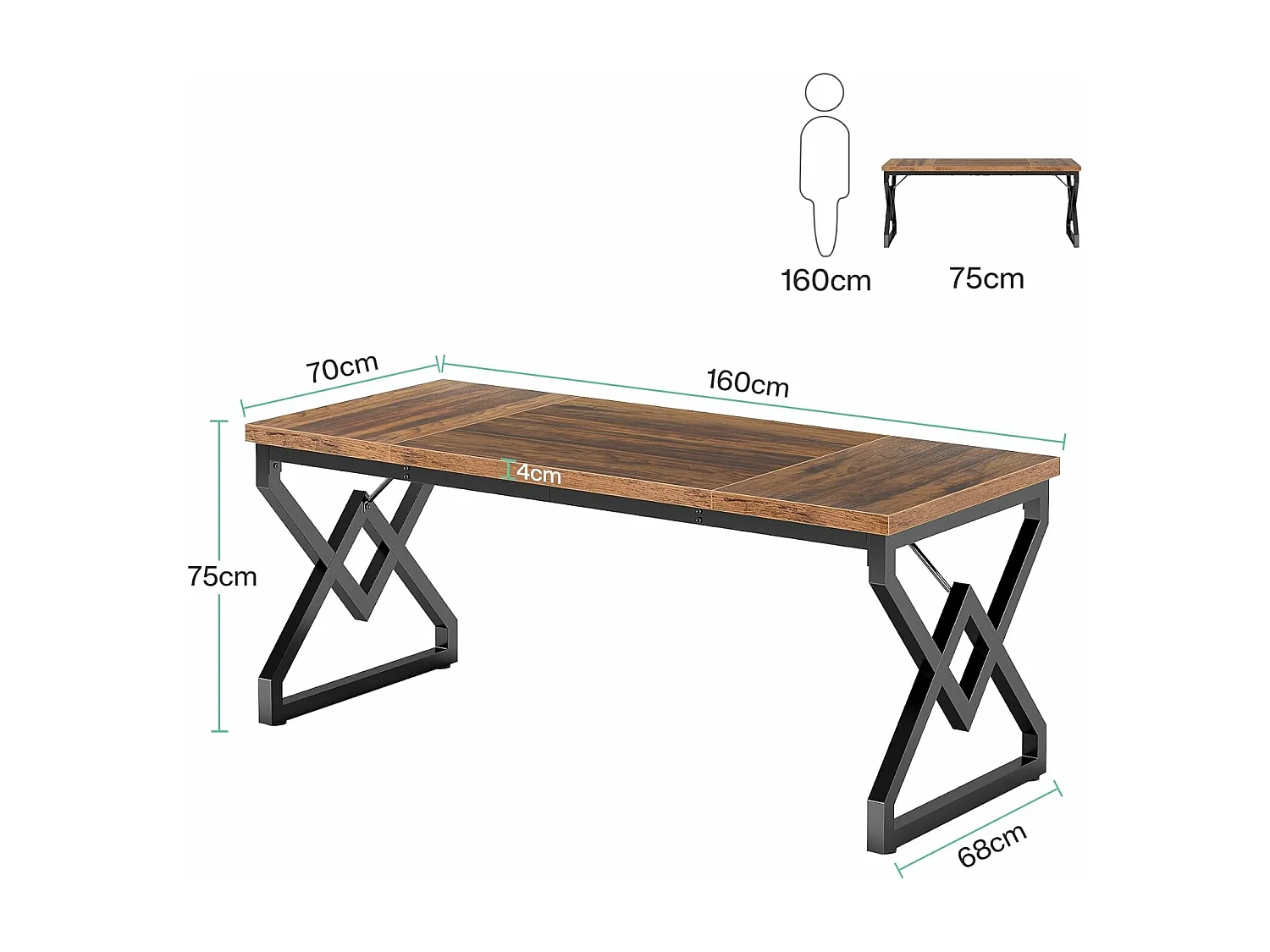 160 x 70 x 75 cm Grande Table d'ordinateur de Bureau，Poste de Travail, Bureau de Direction pour Bureau à Domicile