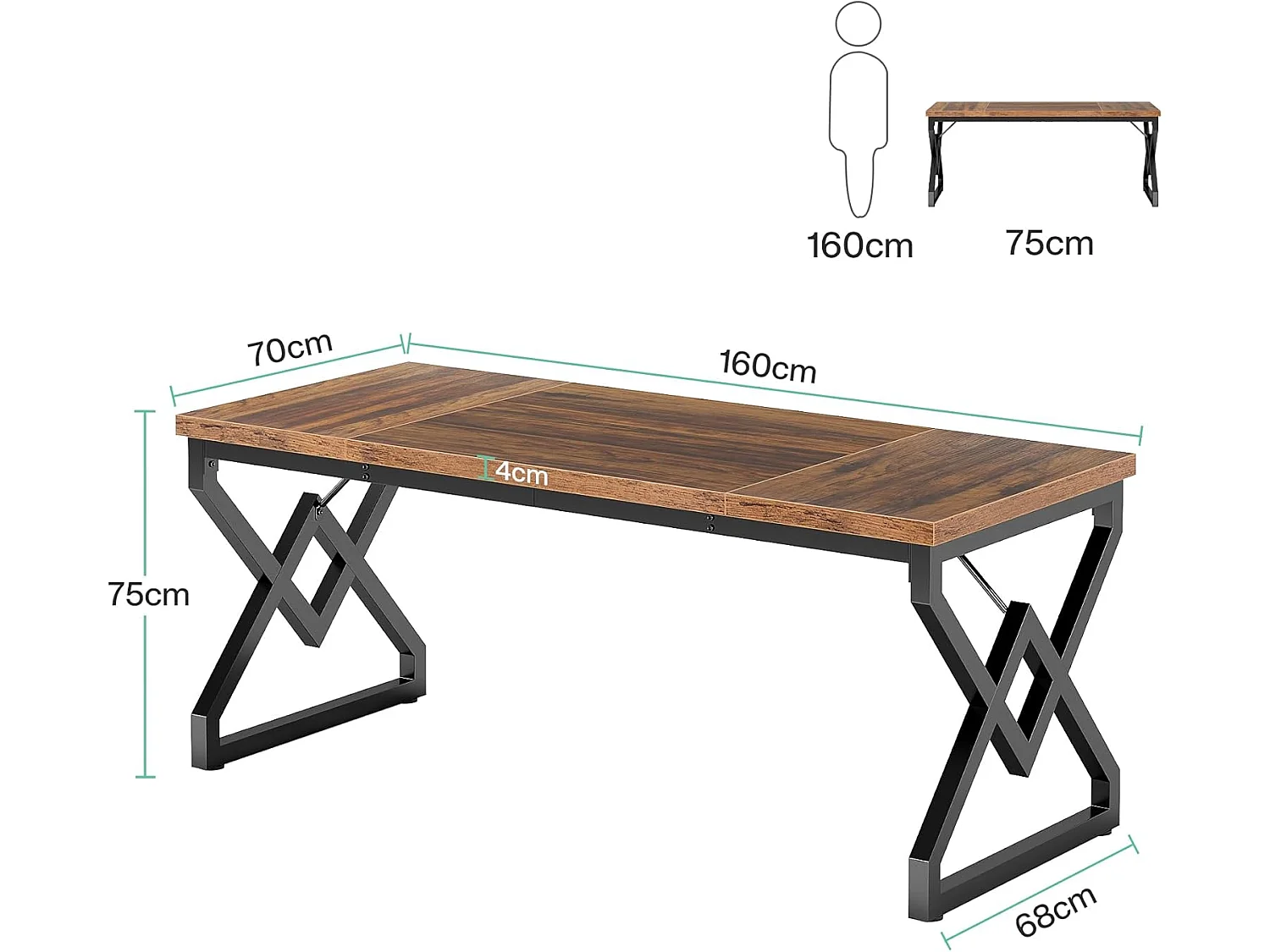160 x 70 x 75 cm Grande Table d'ordinateur de Bureau，Poste de Travail, Bureau de Direction pour Bureau à Domicile