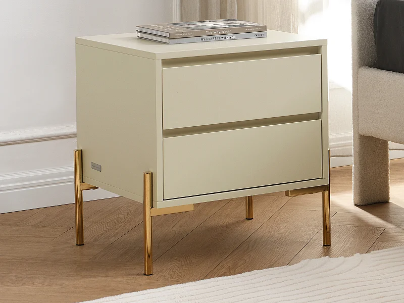 Lot de 2 tables de chevet 2 tiroirs - MDF et métal - Beige et doré - KORASA de Pascal Morabito