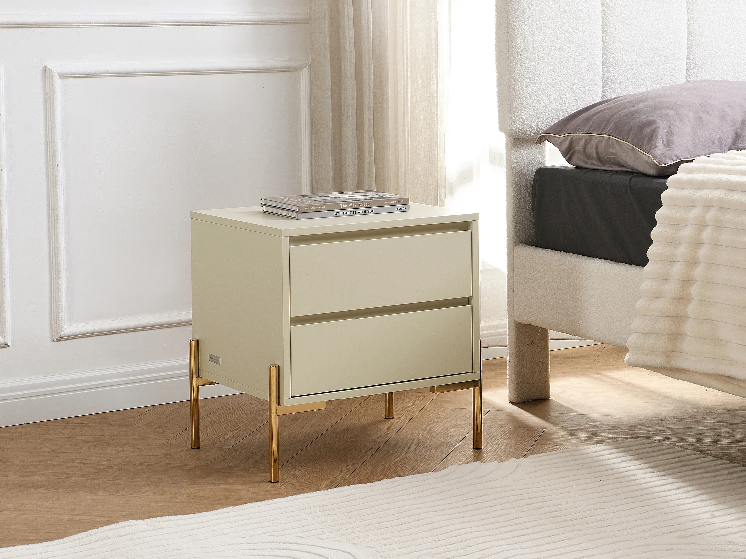 Lot de 2 tables de chevet 2 tiroirs - MDF et métal - Beige et doré - KORASA de Pascal Morabito