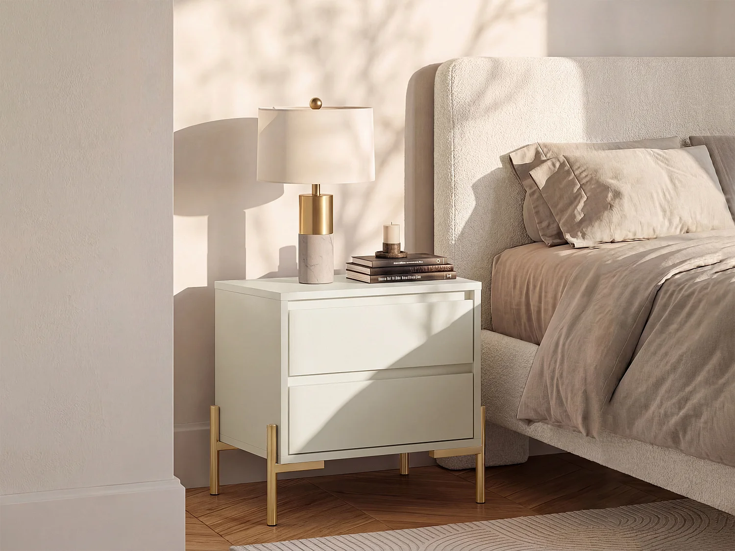 Lot de 2 tables de chevet 2 tiroirs - MDF et métal - Beige et doré - KORASA