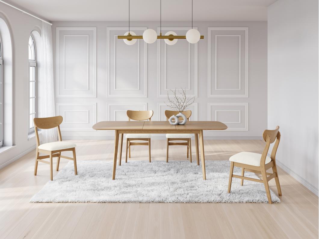 Lot de 6 chaises en tissu texturé et bois d'hévéa naturel - Crème - LARENIA