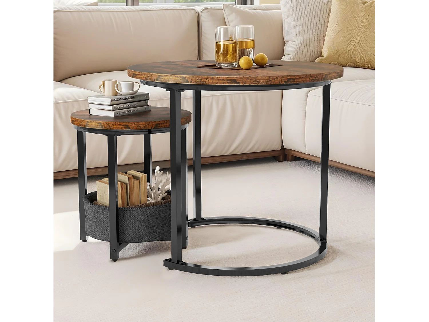 YITAHOME Table Basse - Lot de 2 tables - avec Rangement - 60X60X50.5CM - Table d'Appoint - Marron