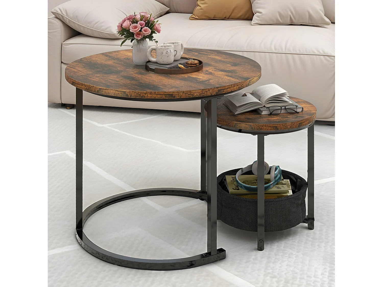 YITAHOME Table Basse - Lot de 2 tables - avec Rangement - 60X60X50.5CM - Table d'Appoint - Marron