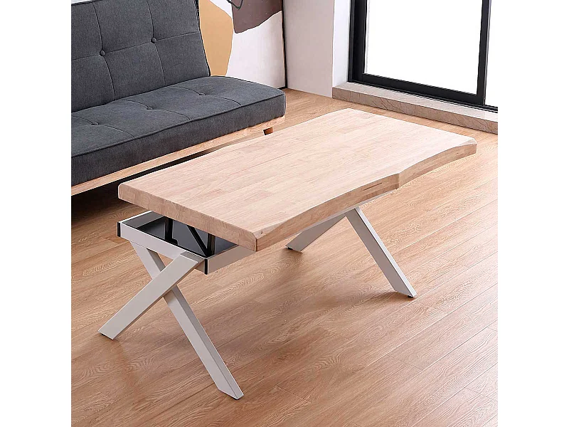 Mesa de centro elevable Xena tapa irregular con hueco de almacenaje roble Nordish/blanco 47-62x120x60-66 cm Adec