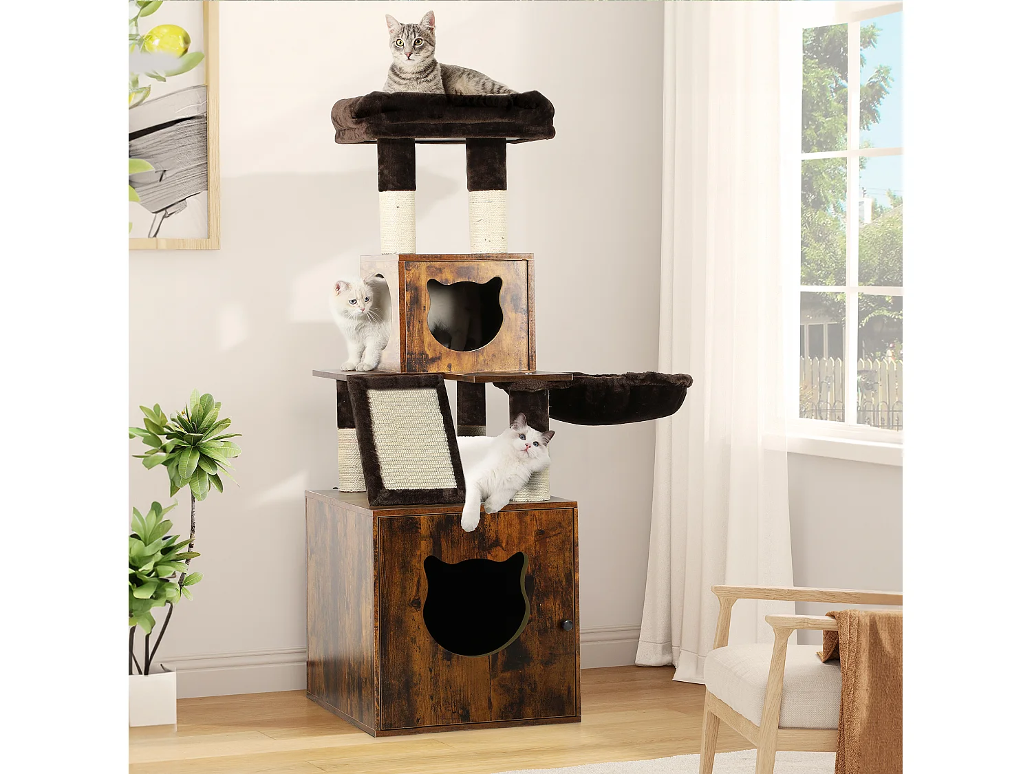 YITAHOME Arbre à Chat - avec Bac à Litière - avec Panier - Meuble de Litière 4 en 1 - Griffoir pour Chats