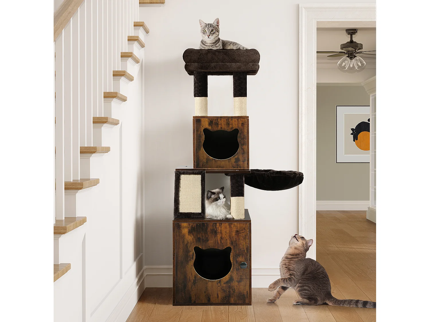 YITAHOME Arbre à Chat - avec Bac à Litière - avec Panier - Meuble de Litière 4 en 1 - Griffoir pour Chats