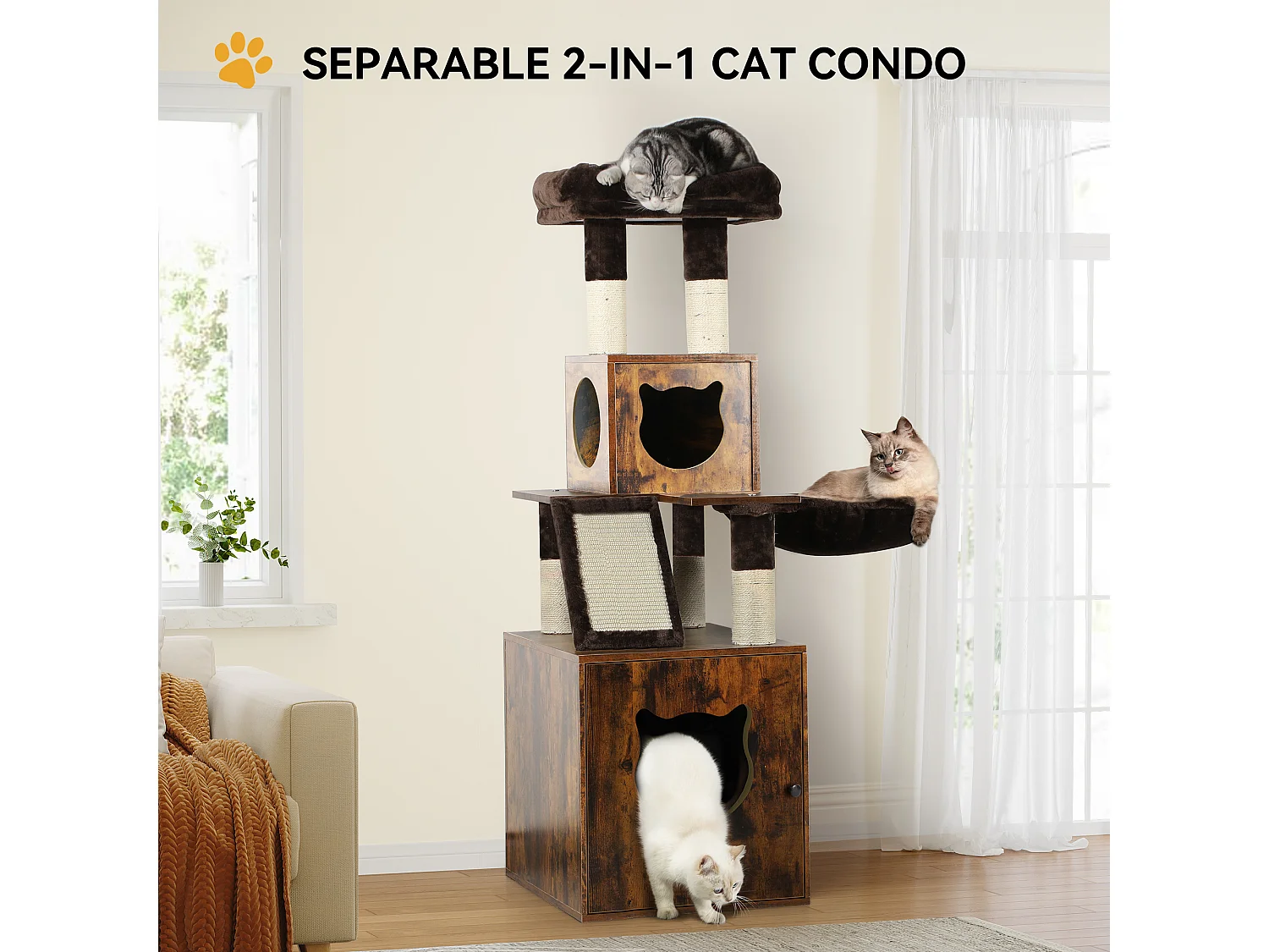 YITAHOME Arbre à Chat - avec Bac à Litière - avec Panier - Meuble de Litière 4 en 1 - Griffoir pour Chats