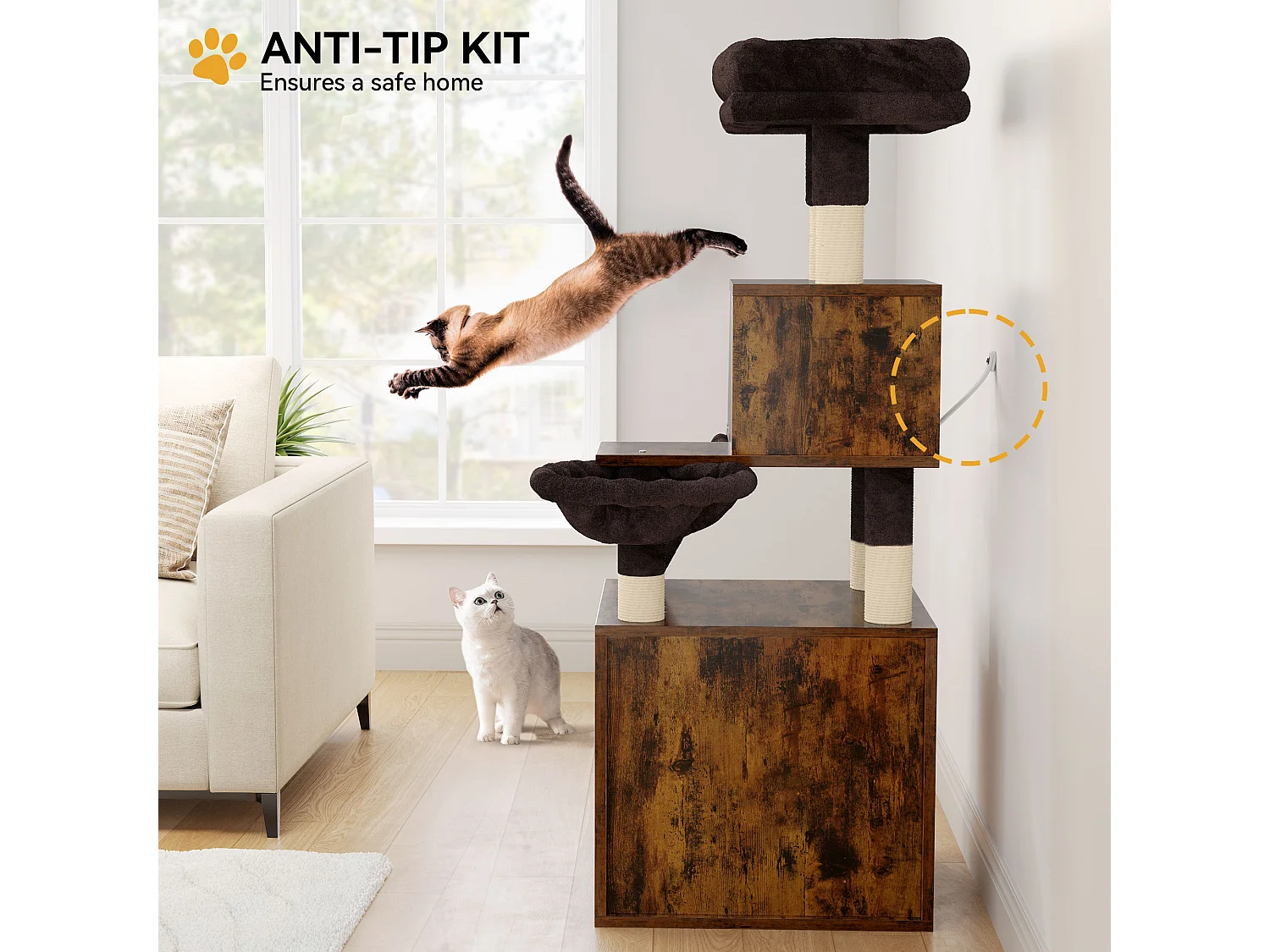 YITAHOME Arbre à Chat - avec Bac à Litière - avec Panier - Meuble de Litière 4 en 1 - Griffoir pour Chats