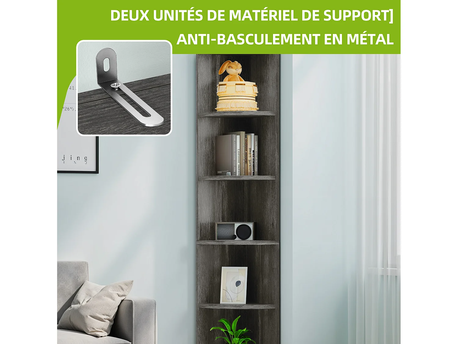 YITAHOME Bibliothèque - Étagère d'angle - 5 Niveaux - 30 x 30 x 180 cm - Étagères de Rangement Ouvertes - Gris