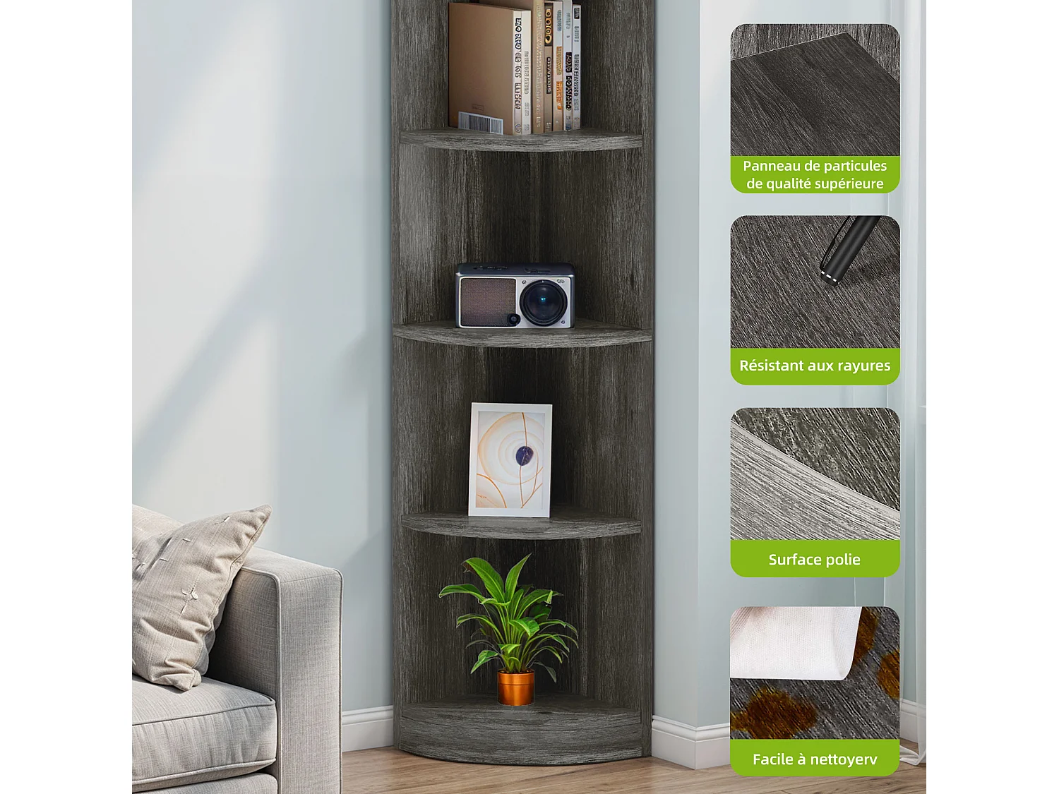 YITAHOME Bibliothèque - Étagère d'angle - 5 Niveaux - 30 x 30 x 180 cm - Étagères de Rangement Ouvertes - Gris