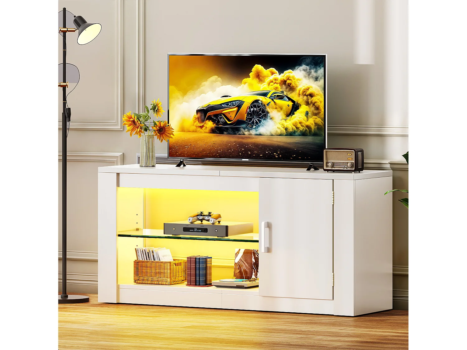 YITAHOME Meuble TV, Bois, Blanc, 106 x 35 x 50 cm