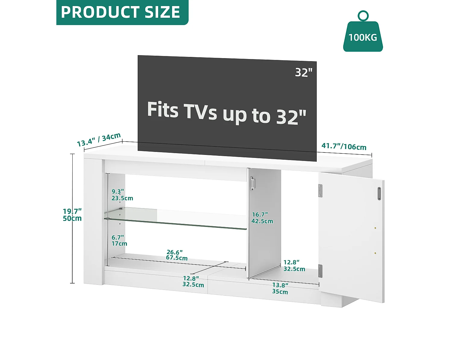 YITAHOME Meuble TV, Bois, Blanc, 106 x 35 x 50 cm