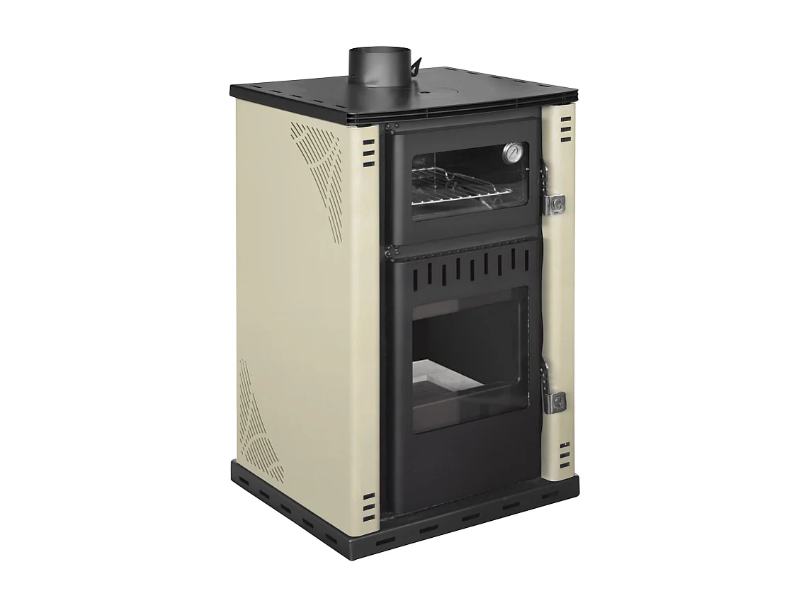 Fogão a lenha com forno de 27,6 kW, caldeira Thermostove de 38 litros, cor bege Elsa.