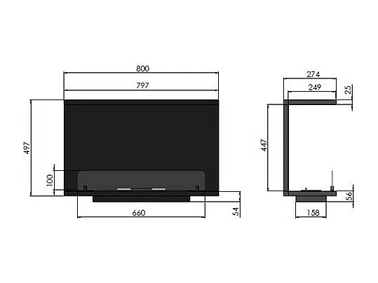 Cheminée au bioéthanol encastrable design C800 V2 avec vitre ouverte sur 3 côtés, brûleur 0,7 litre