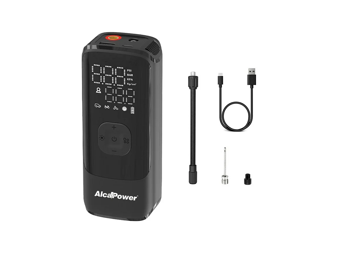 Alcapower -  Tragbarer Mini-Auto- und Fahrradkompressor 150 PSI 3 in 1 – Kompressor, PowerBank und Taschenlampe