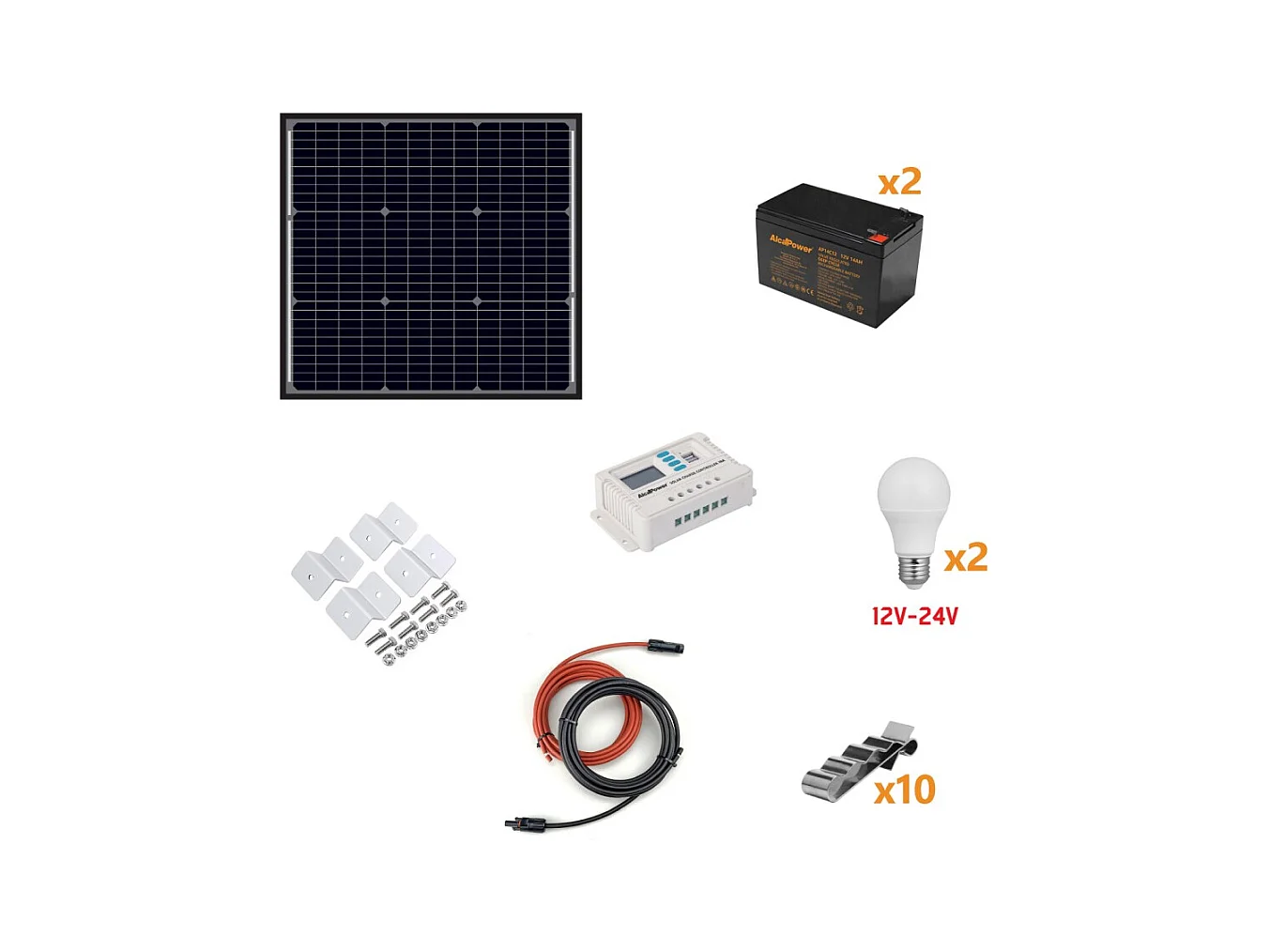 Kit Fotovoltaico a Isola 50W - Kit con pannello solare, regolatore di carica, lampadine e accessori per l'installazione