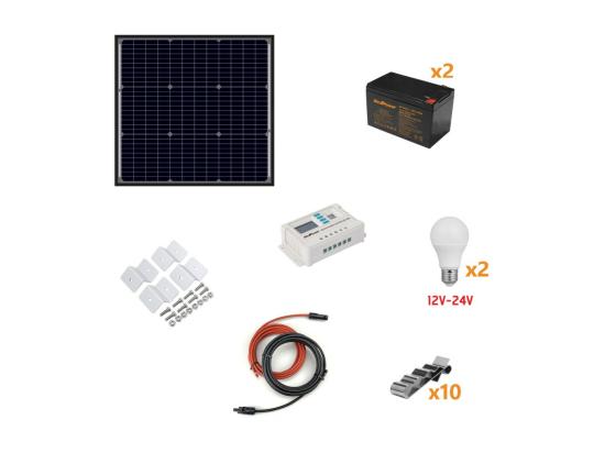 vente unique Kit Îlot Photovoltaïque 50W Kit avec panneau solaire contrôleur de charge ampoules et accessoires d'installation