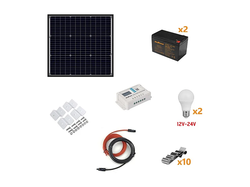 Kit Îlot Photovoltaïque 50W Kit avec panneau solaire, contrôleur de charge, ampoules et accessoires d'installation