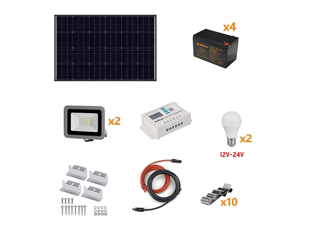 Kit Îlot Photovoltaïque 160W Kit avec panneau solaire, contrôleur de charge, projecteur et accessoires d'installation