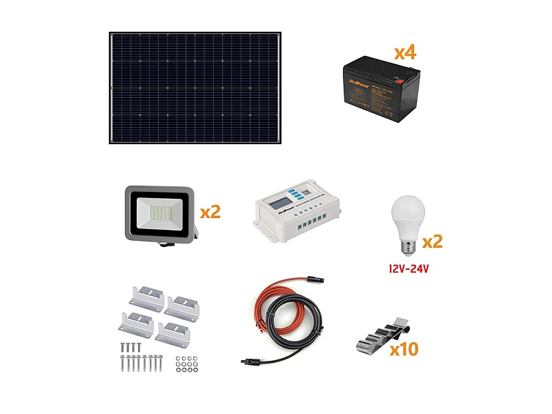 Alcapower -  Photovoltaik-Insel-Kit 160 W - Kit mit Solarpanel, Laderegler, Projektor und Installationszubehör