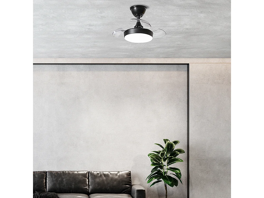 Ventilador de teto com luz Perenz 7169 B CT Preto - Ø 56 cm, 3 lâminas retráteis, 6 velocidades, motor 24W DC, silencioso