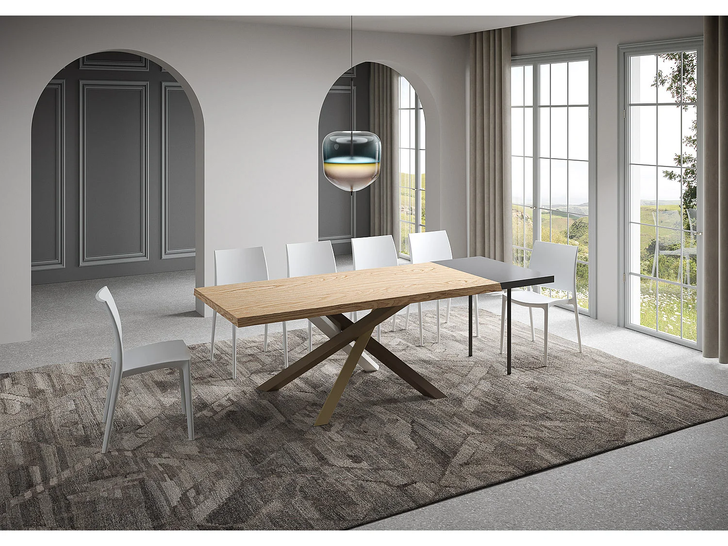Extendable table 90x180/280 cm Versalux debarked oak legs 4/C