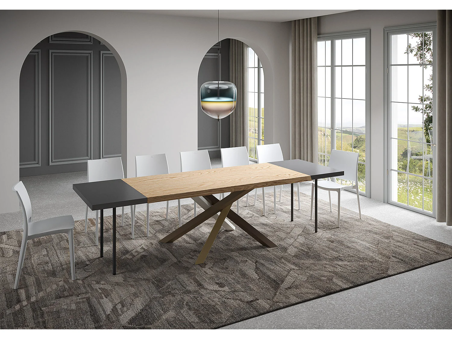 Extendable table 90x180/280 cm Versalux debarked oak legs 4/C