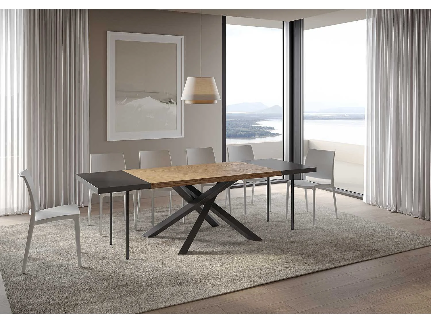 Extendable table 90x180/280 cm Versalux debarked oak anthracite legs