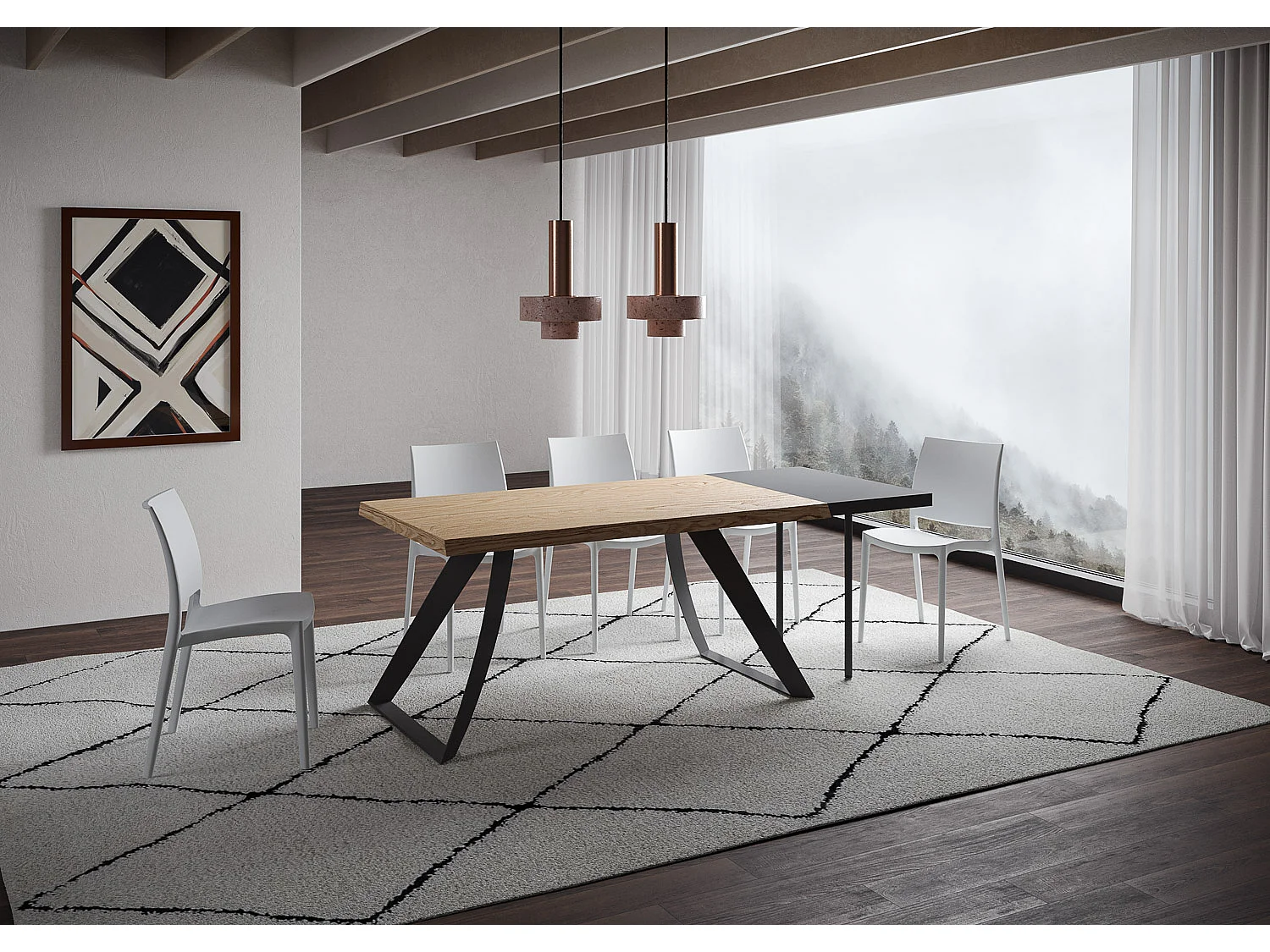 Table extensible 90x160/260 cm Tabira chêne écorcé pieds anthracite