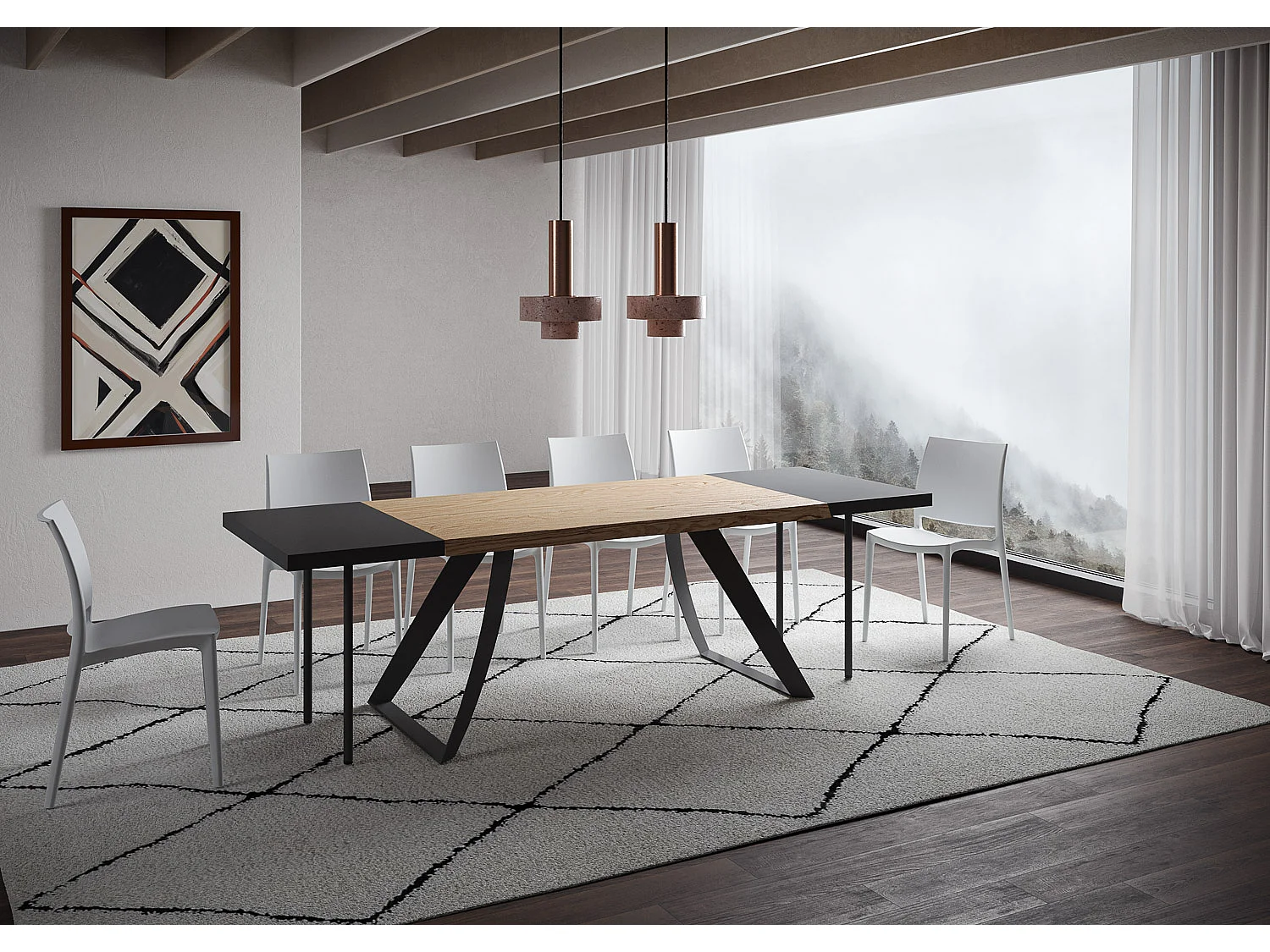 Table extensible 90x160/260 cm Tabira chêne écorcé pieds anthracite