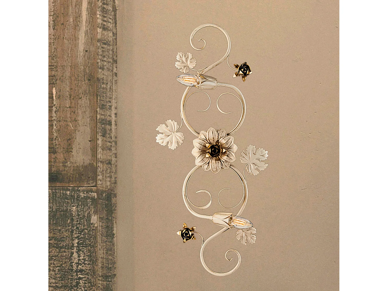 Iris Plafonnier en fer laqué ivoire décor or antique 2 lumières d.74 X 37 BL169-PL2-AV