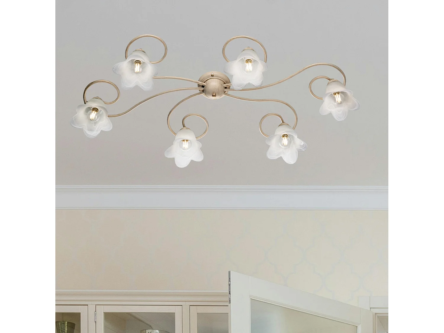 Plafonnier Alice ivoire, déco or antique, verre albâtre d.14, 6 lumières 99x50 cm, ambiance douce et chic