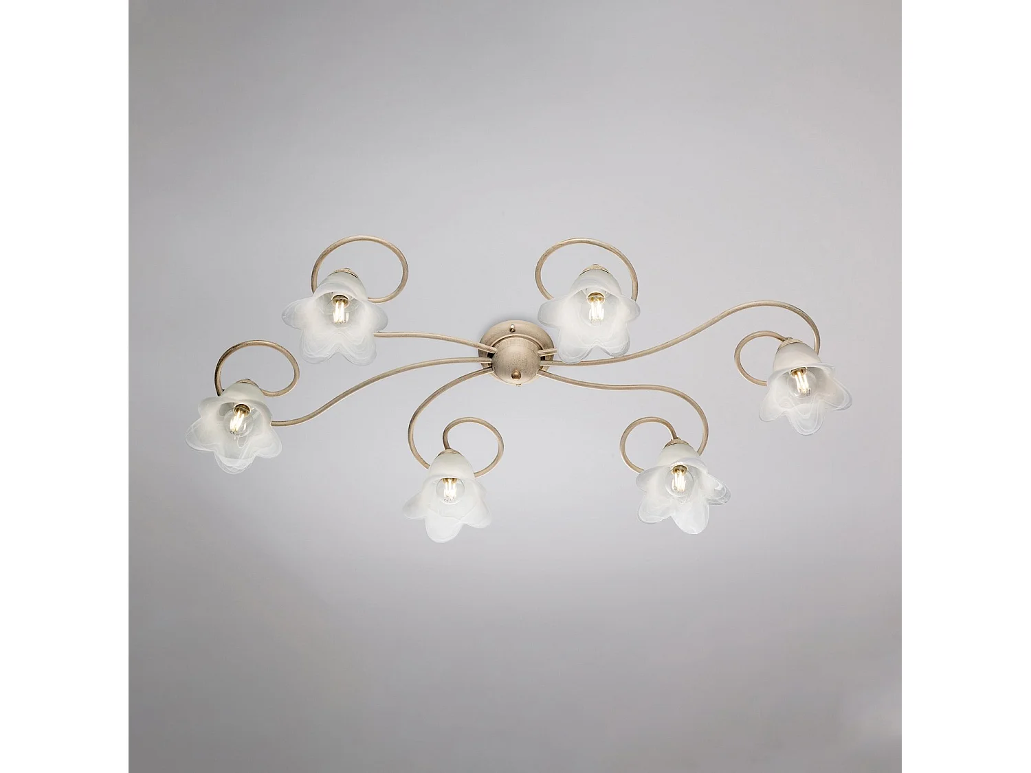 Alice lampa sufitowa żelazo kość słoniowa złoto stare klosze szkło alabastr Ø14 cm 6 lamp dł 99x50 cm