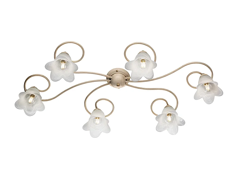 Plafonnier Alice ivoire, déco or antique, verre albâtre d.14, 6 lumières 99x50 cm, ambiance douce et chic