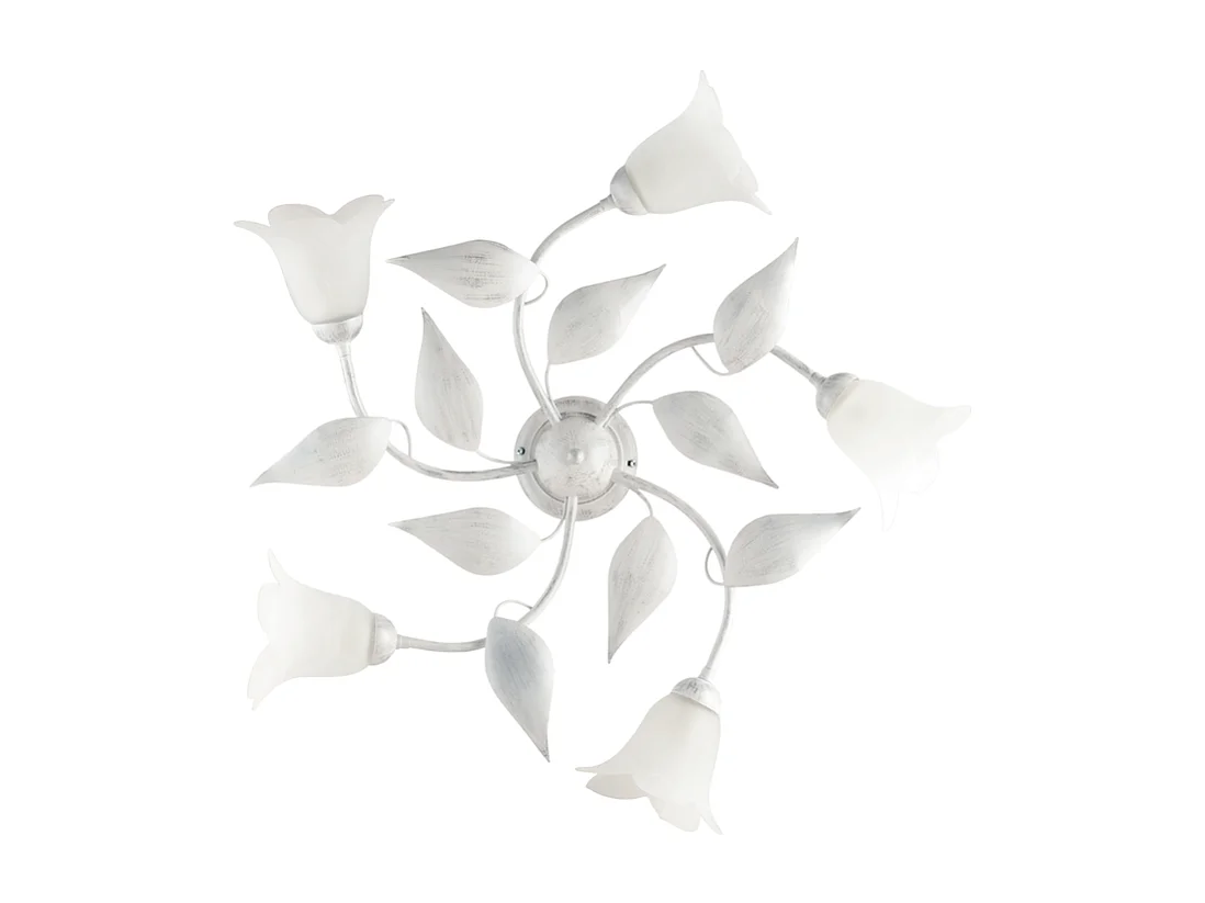 Plafonnier Olga fer blanc, déco argent antique, verre albâtre d.14, 5 lumières d.70 cm lumière diffuse élégante