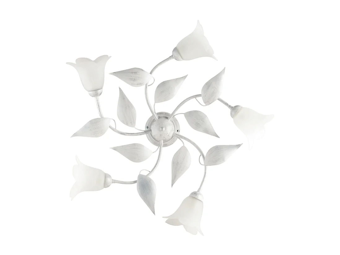 Plafonnier Olga fer blanc, déco argent antique, verre albâtre d.14, 5 lumières d.70 cm lumière diffuse élégante