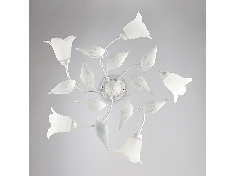 Plafonnier Olga fer blanc, déco argent antique, verre albâtre d.14, 5 lumières d.70 cm lumière diffuse élégante