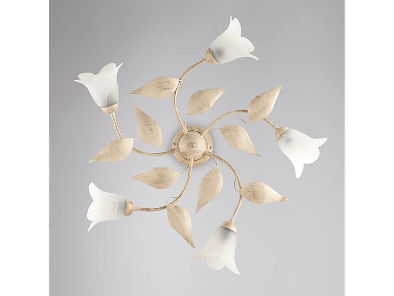 Plafonnier Olga fer ivoire, déco or antique, verre albâtre d.14, 5 lumières d.70 cm look classique raffiné