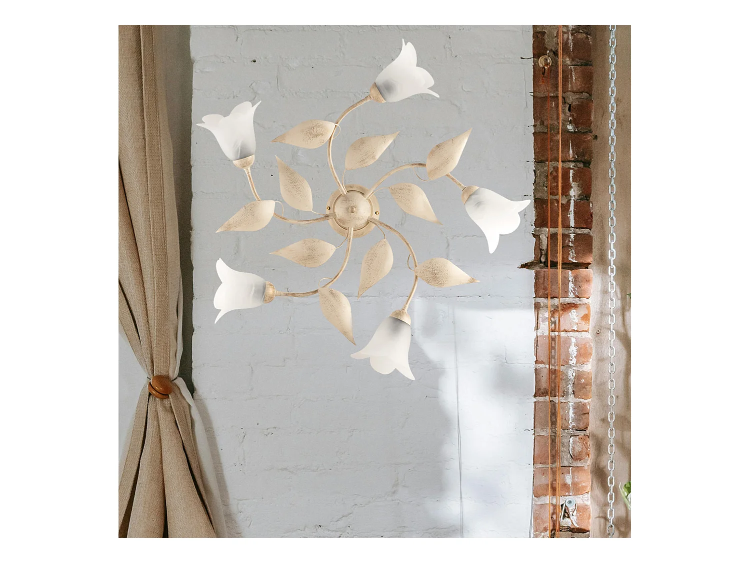 Olga - Plafon em ferro lacado marfim com decoração. difusores antigos em ouro e vidro d. 14 alabastro branco 5 luzes H.20 - Ø70