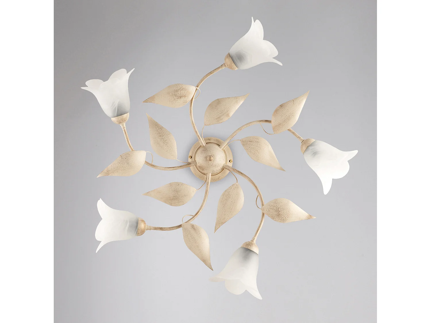 Plafonnier Olga fer ivoire, déco or antique, verre albâtre d.14, 5 lumières d.70 cm look classique raffiné