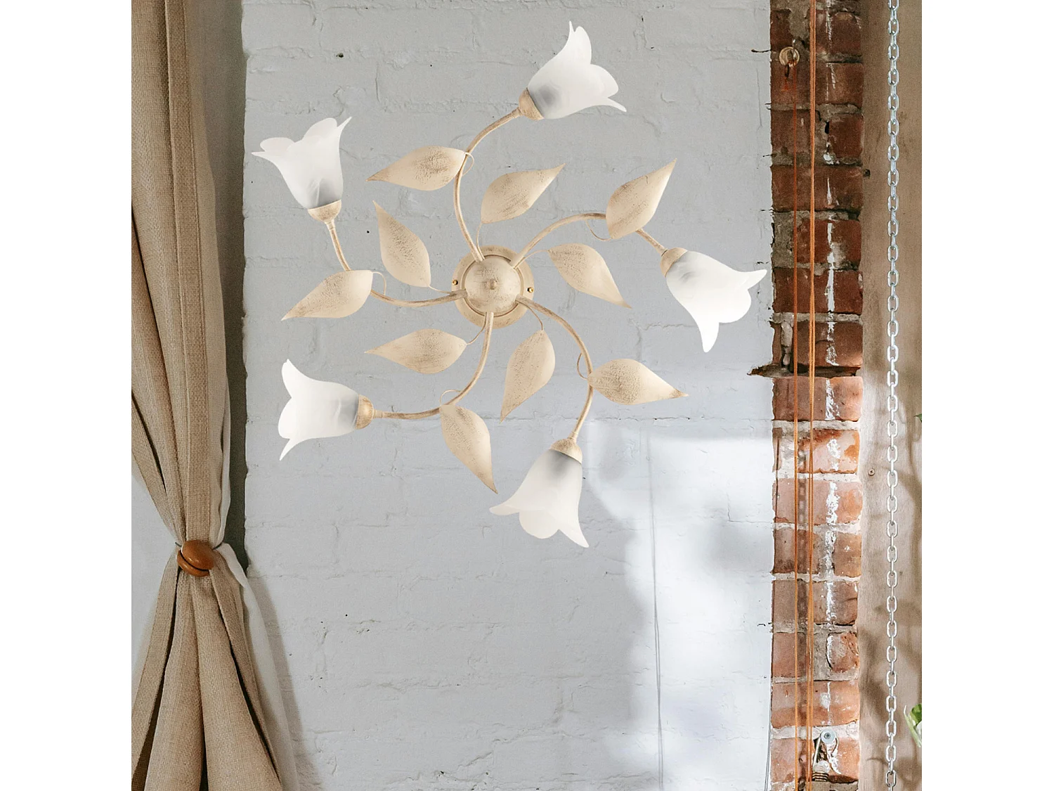 Plafonnier Olga fer ivoire, déco or antique, verre albâtre d.14, 5 lumières d.70 cm look classique raffiné