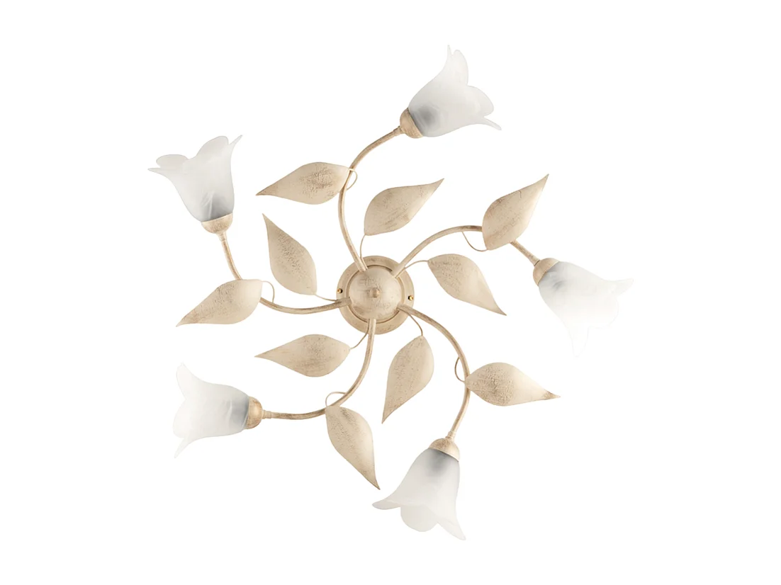 Plafonnier Olga fer ivoire, déco or antique, verre albâtre d.14, 5 lumières d.70 cm look classique raffiné