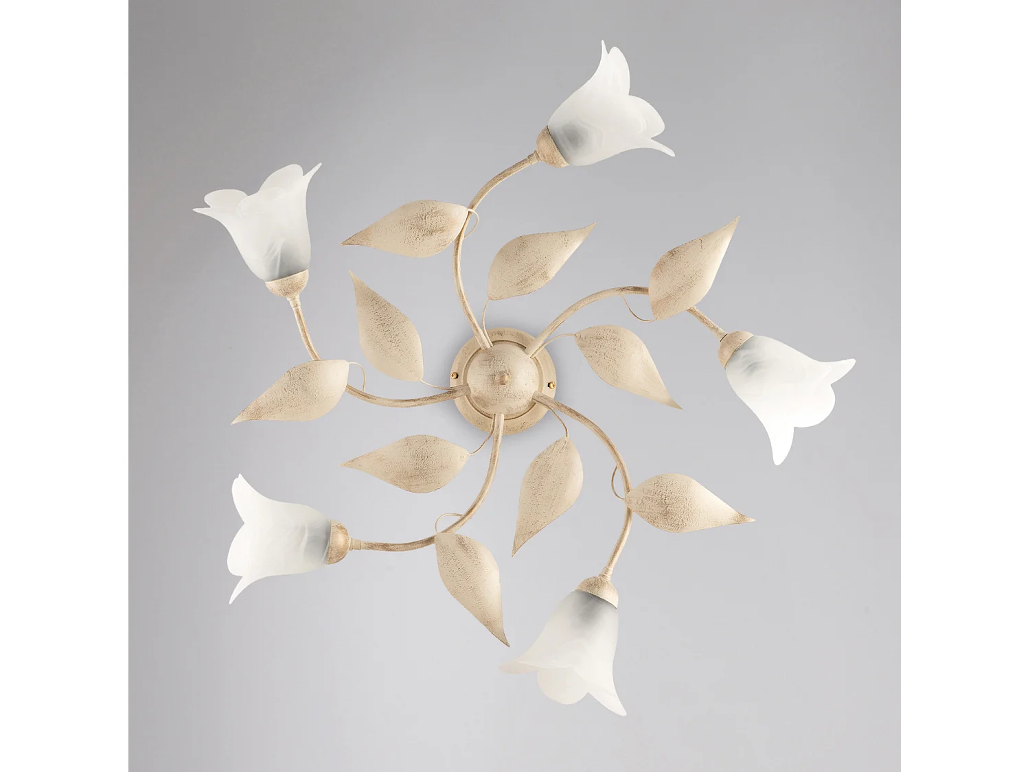 Plafonnier Olga fer ivoire, déco or antique, verre albâtre d.14, 5 lumières d.70 cm look classique raffiné