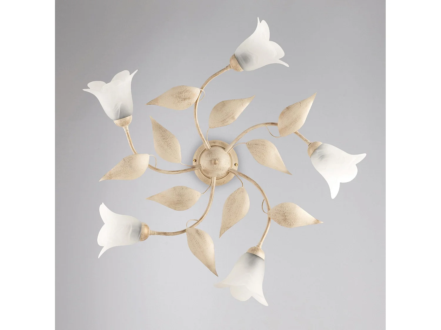 Olga lampa sufitowa żelazo kość słoniowa złoto stare klosze szkło alabastr Ø14 cm 5 świateł wys 20 cm Ø70