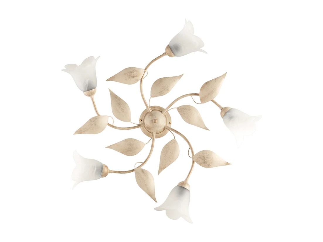 Olga - Lámpara de techo marfil con cristal alabastro y acabado oro antiguo, 5 luces Ø70 cm