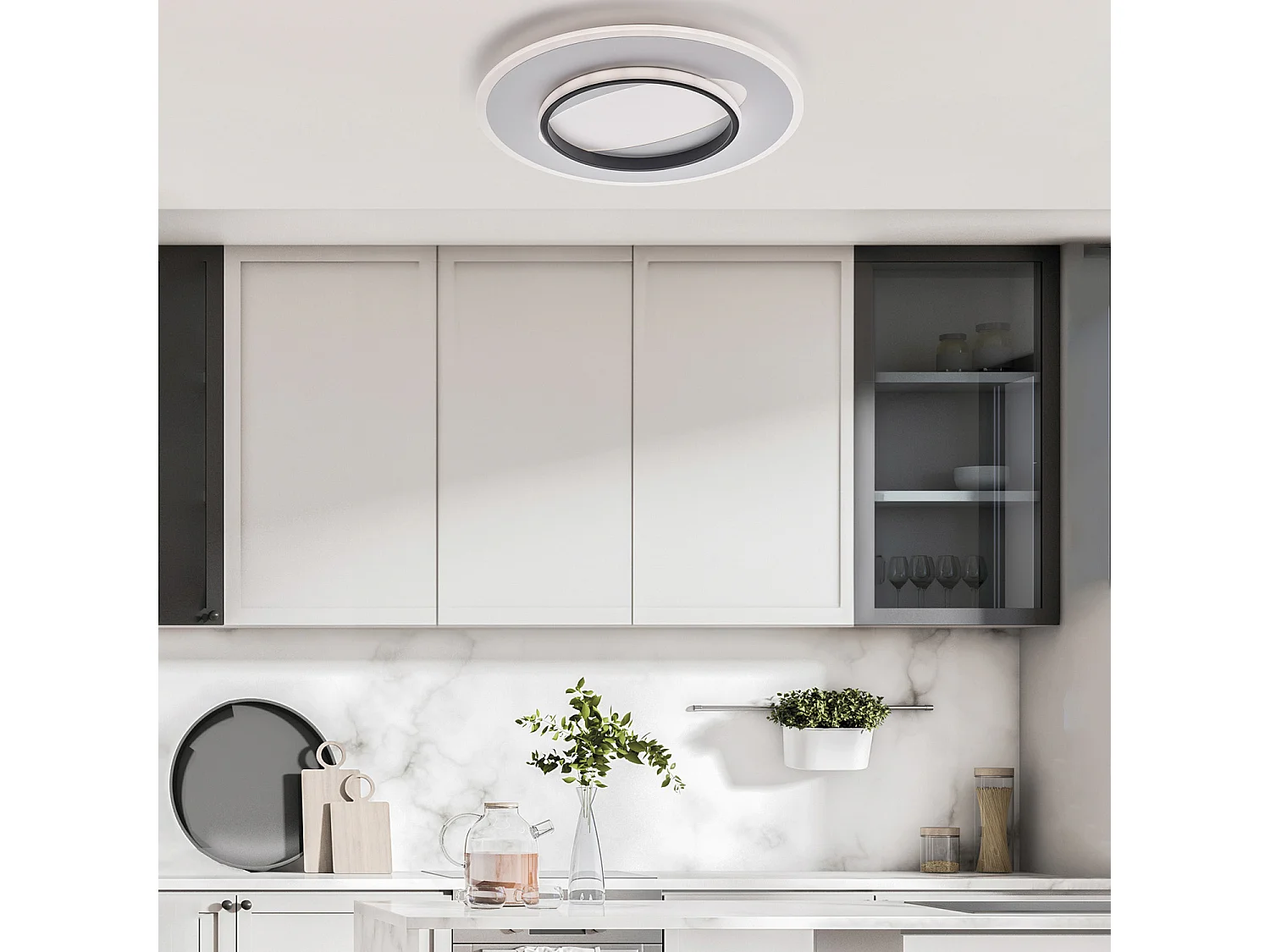 Annie Deckenleuchte aus Metall und schwarz-weiß lackiertem Aluminium mit integrierter LED CCT + Fernbedienung H.6 Ø50 BL321-PBC
