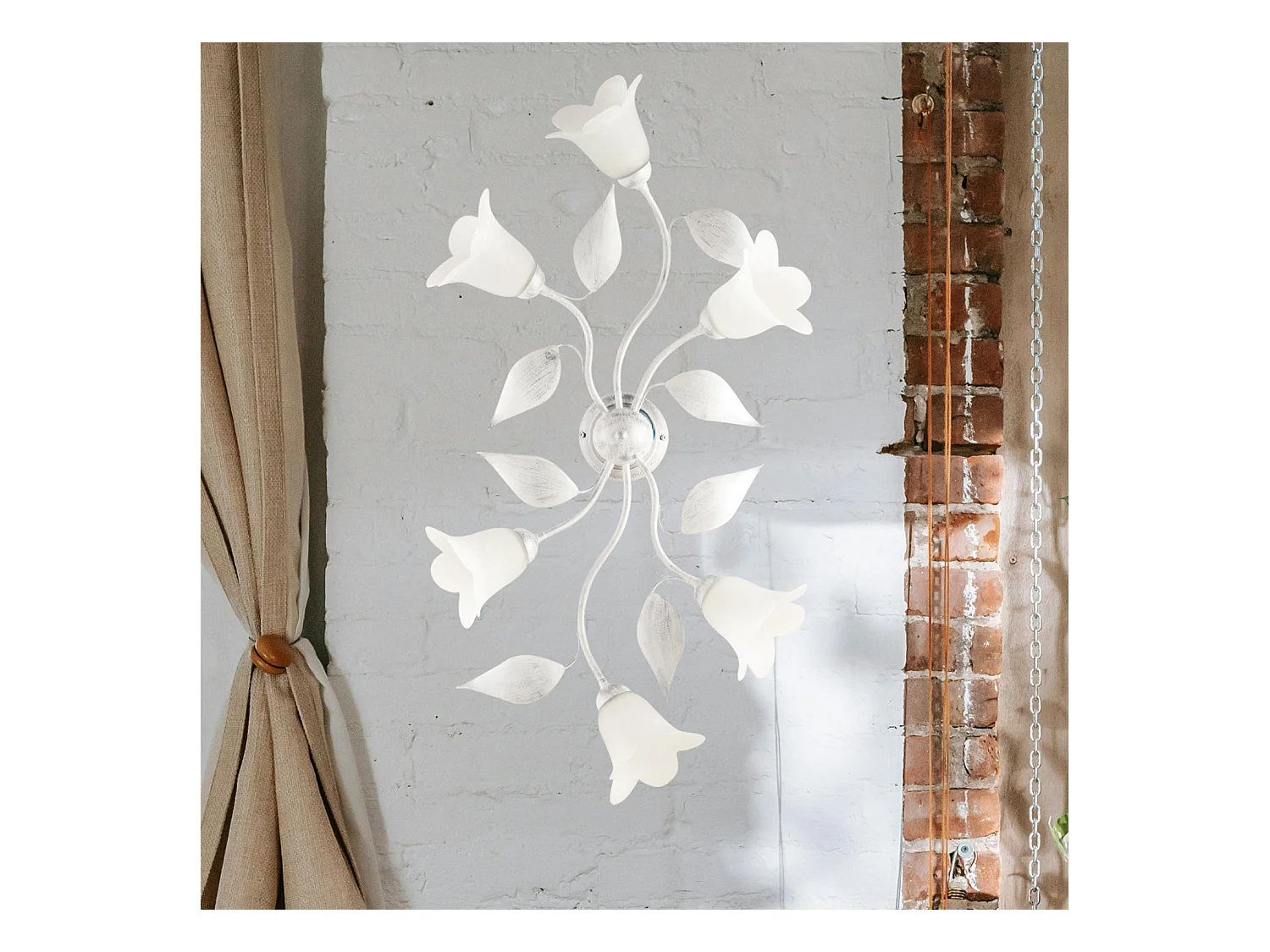 Plafonnier Olga fer blanc, déco argent antique, verre albâtre d.14, 6 lumières 70x52 cm déco sobre et chic